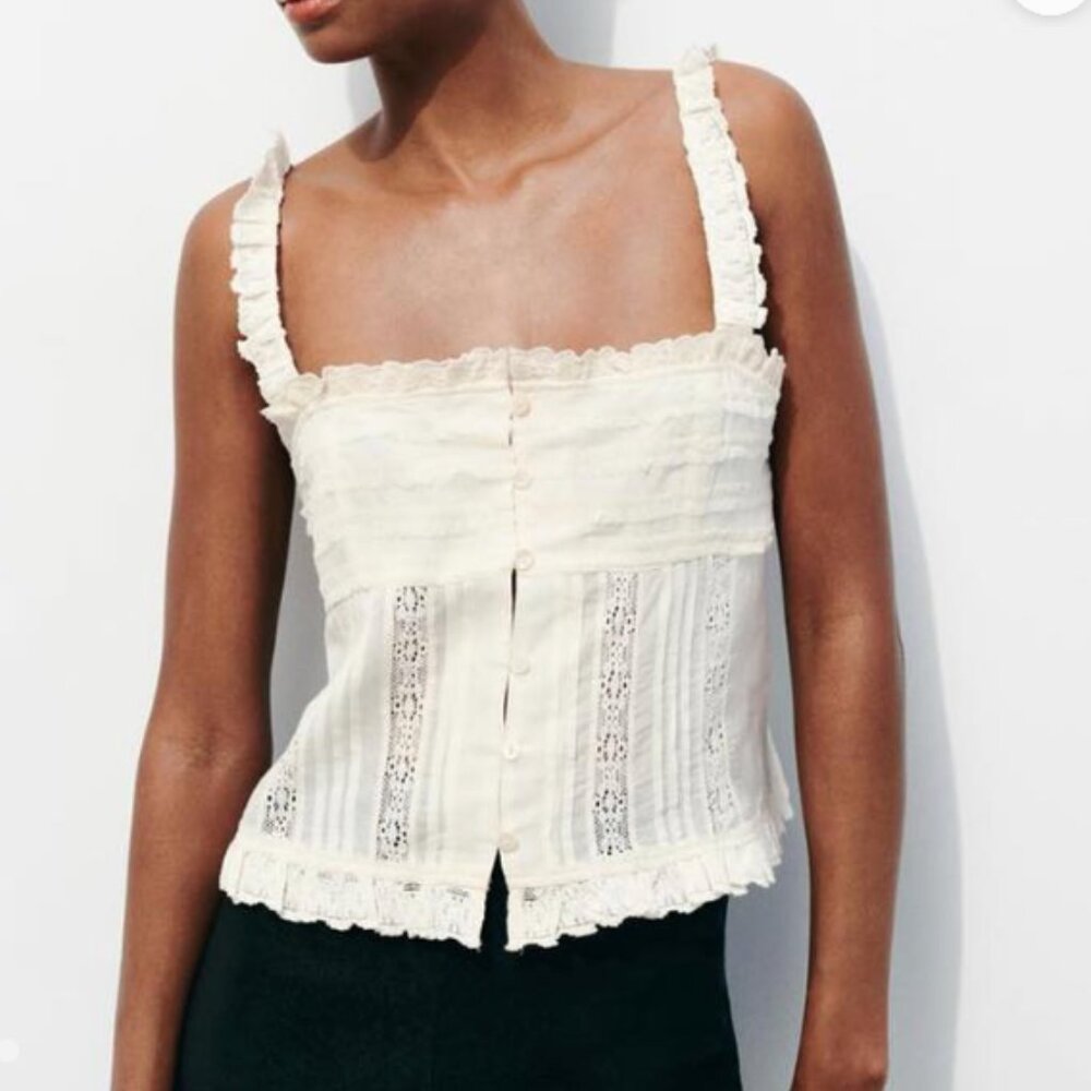 Zara White Ruffle and Lace Top